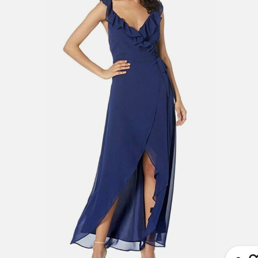 BB Dakota blue wrap maxi dress Small high low ruffle A-line feminine formal